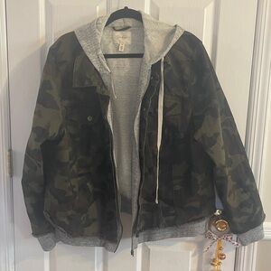 Jessica Simpson Trendy Plus Size Camo-Print Hoodie Jean Jacket